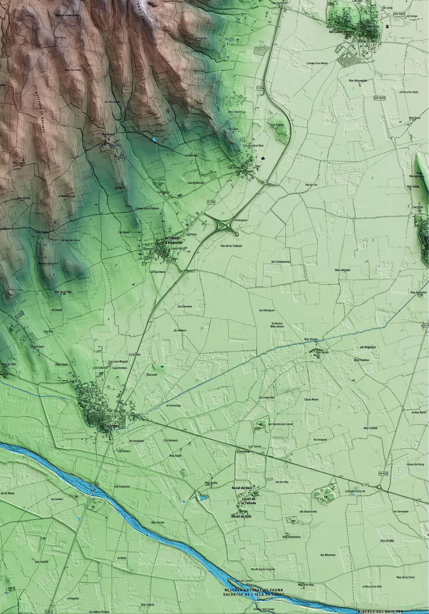 Mapa artístico del relieve de Garrigoles, al Baix Empordà, con 15 km de entorno y base topográfica ICGC. Detalle de la zona inferior derecha.