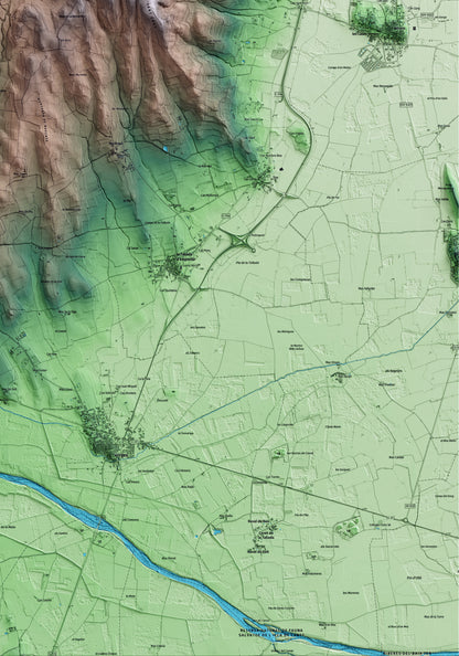 Mapa artístico del relieve de Garrigoles, al Baix Empordà, con 15 km de entorno y base topográfica ICGC. Detalle de la zona inferior derecha.