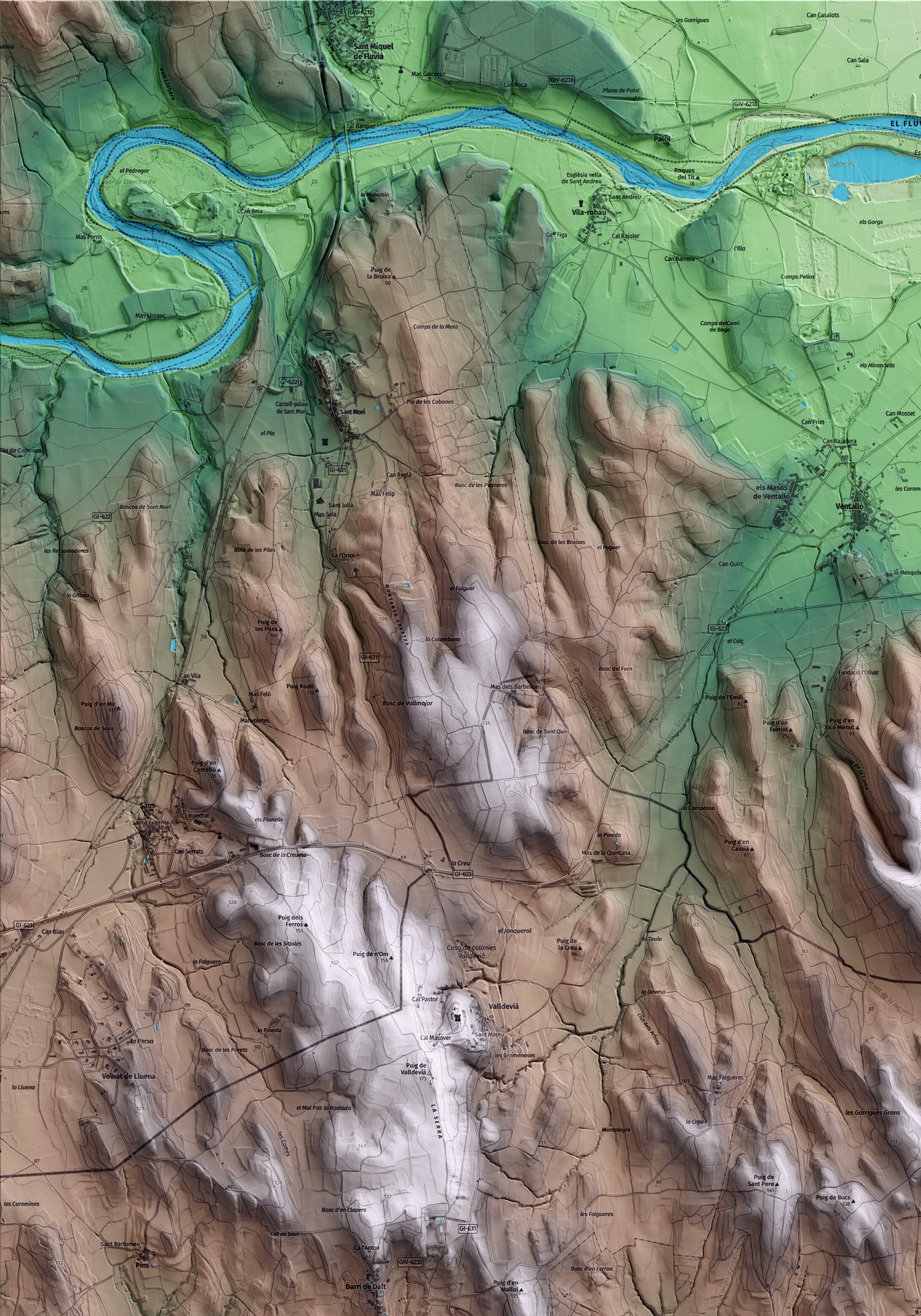 Mapa artístico del relieve de Garrigoles, al Baix Empordà, con 15 km de entorno y base topográfica ICGC. Detalle de la zona superior izquierda.