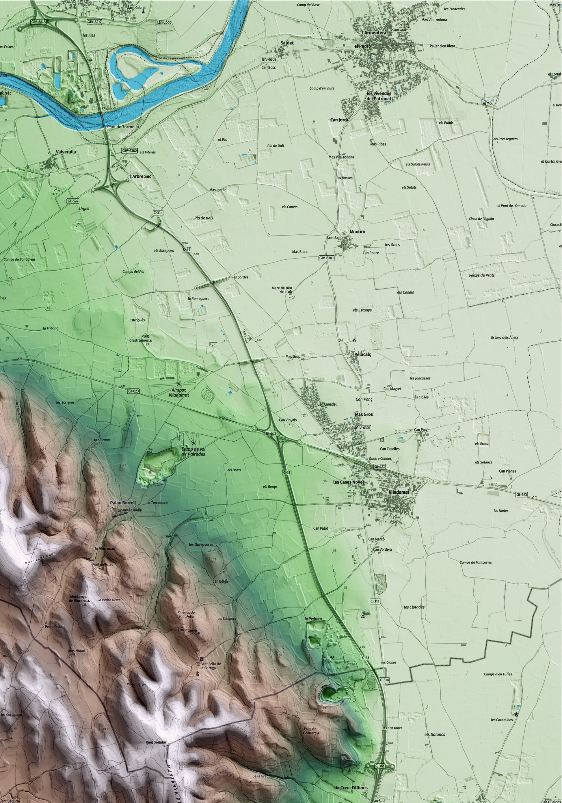Mapa artístico del relieve de Garrigoles, al Baix Empordà, con 15 km de entorno y base topográfica ICGC. Detalle de la zona superior derecha.