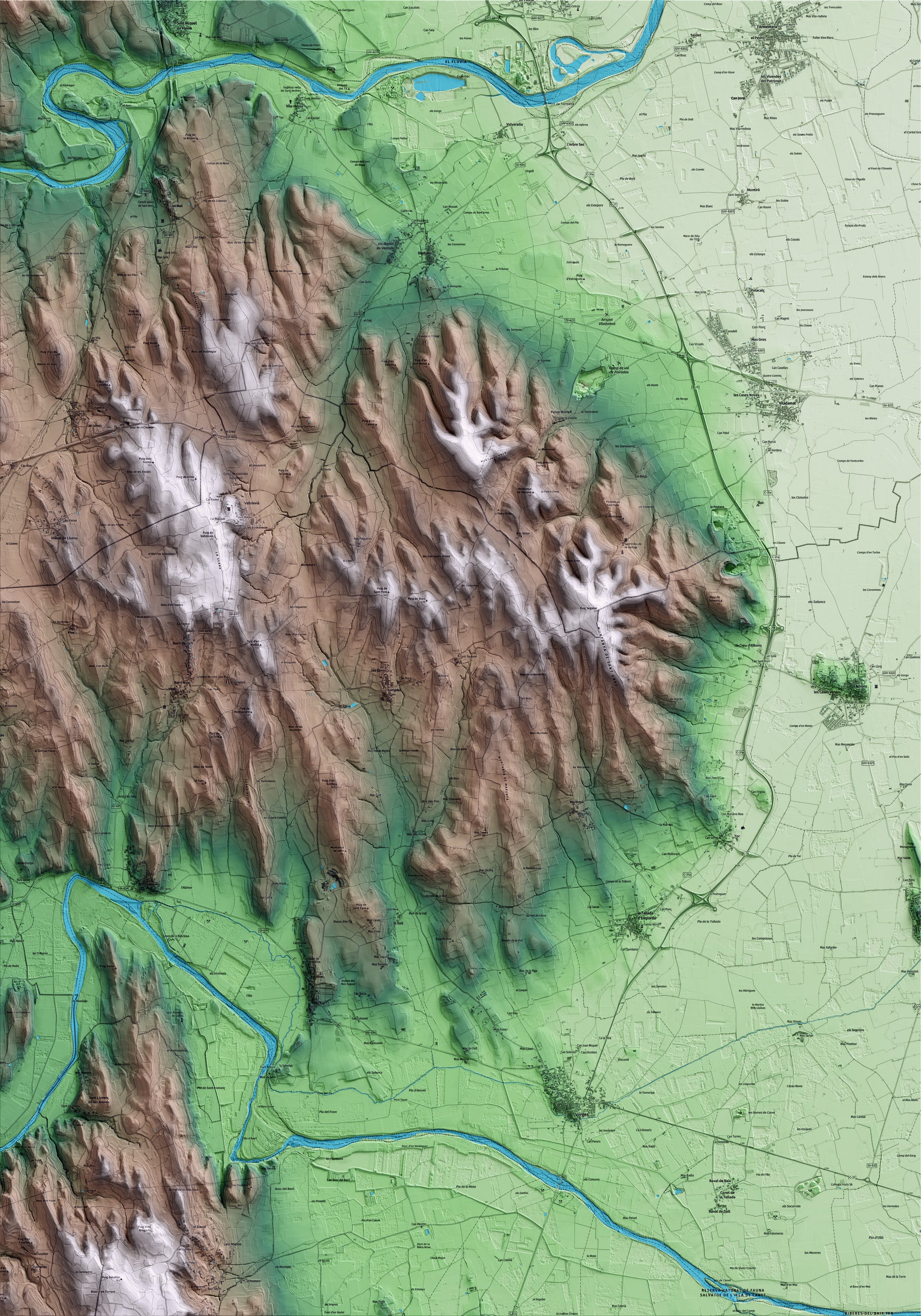 Mapa artístico del relieve de Garrigoles, al Baix Empordà, con 15 km de entorno y base topográfica ICGC
