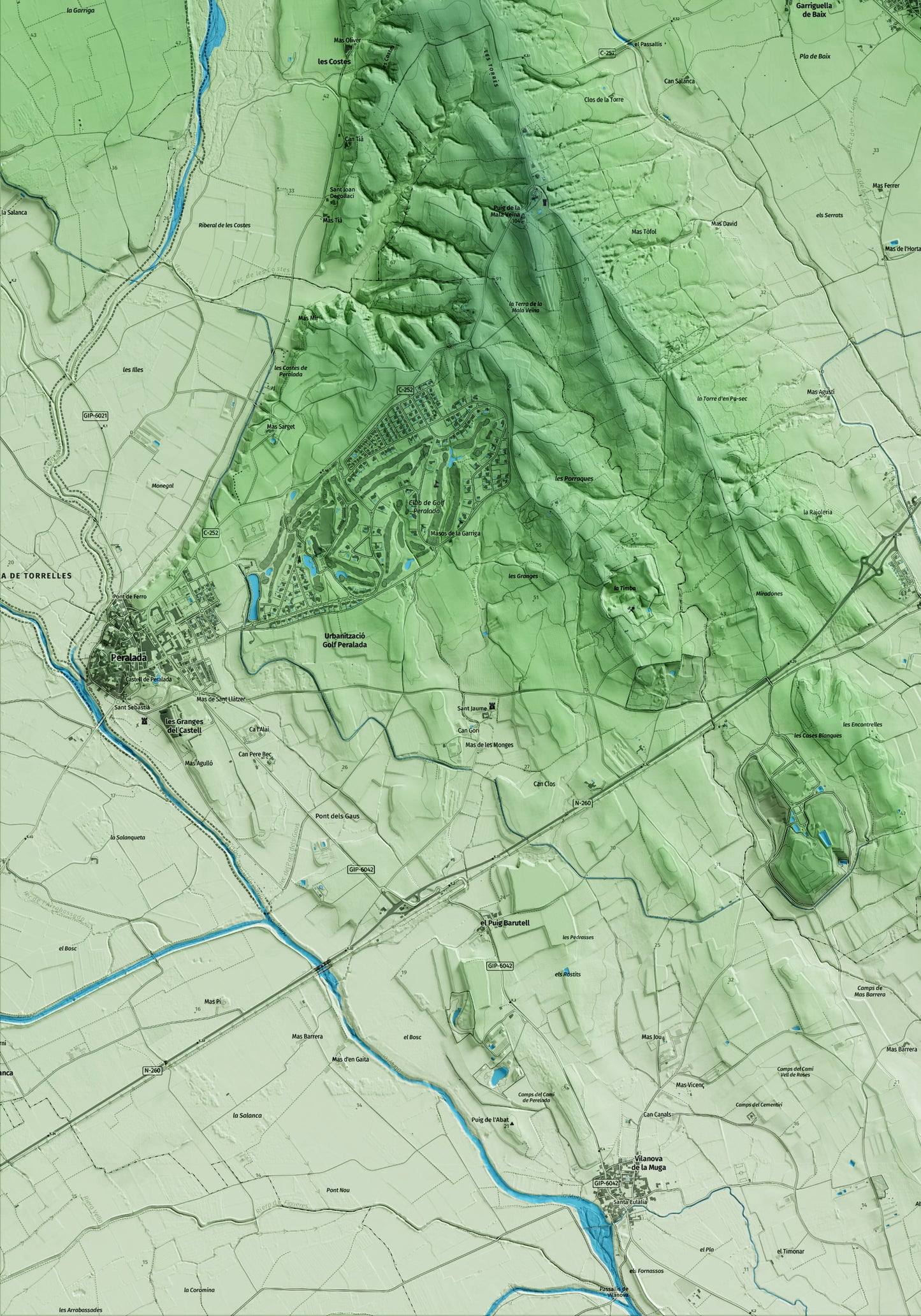 Mapa artístico del relieve de Garriguella, al Alt Empordà, con 15 km de entorno y base topográfica ICGC. Detalle de la zona inferior izquierda.