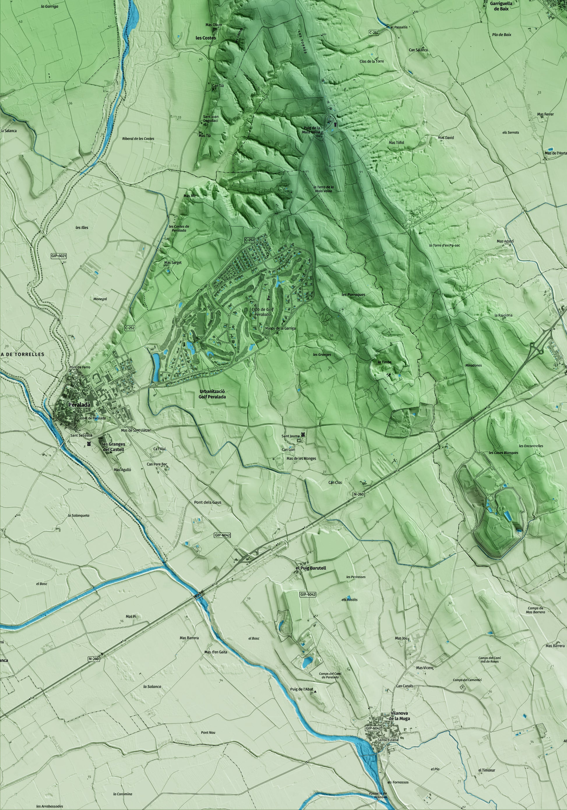 Mapa artístico del relieve de Garriguella, al Alt Empordà, con 15 km de entorno y base topográfica ICGC. Detalle de la zona inferior izquierda.