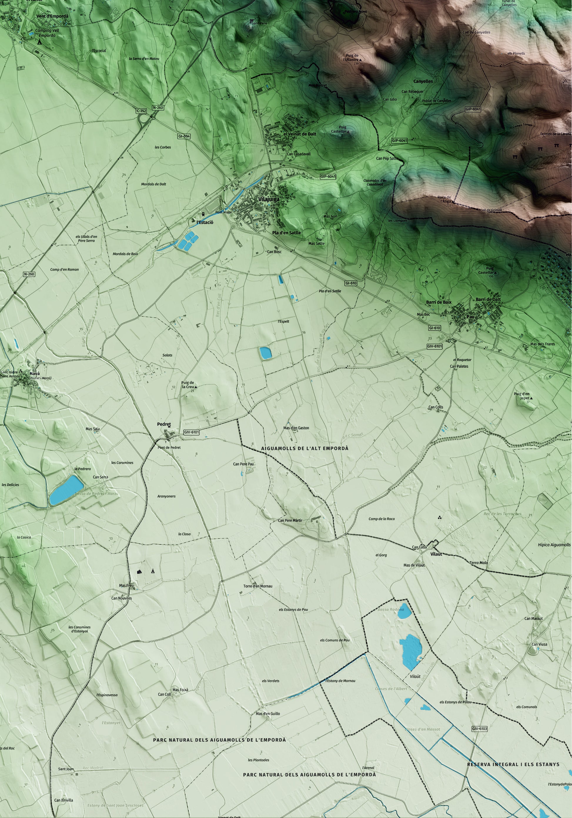Mapa artístico del relieve de Garriguella, al Alt Empordà, con 15 km de entorno y base topográfica ICGC. Detalle de la zona inferior derecha.