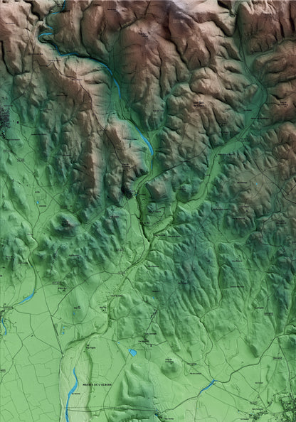 Mapa artístico del relieve de Garriguella, al Alt Empordà, con 15 km de entorno y base topográfica ICGC. Detalle de la zona superior izquierda.