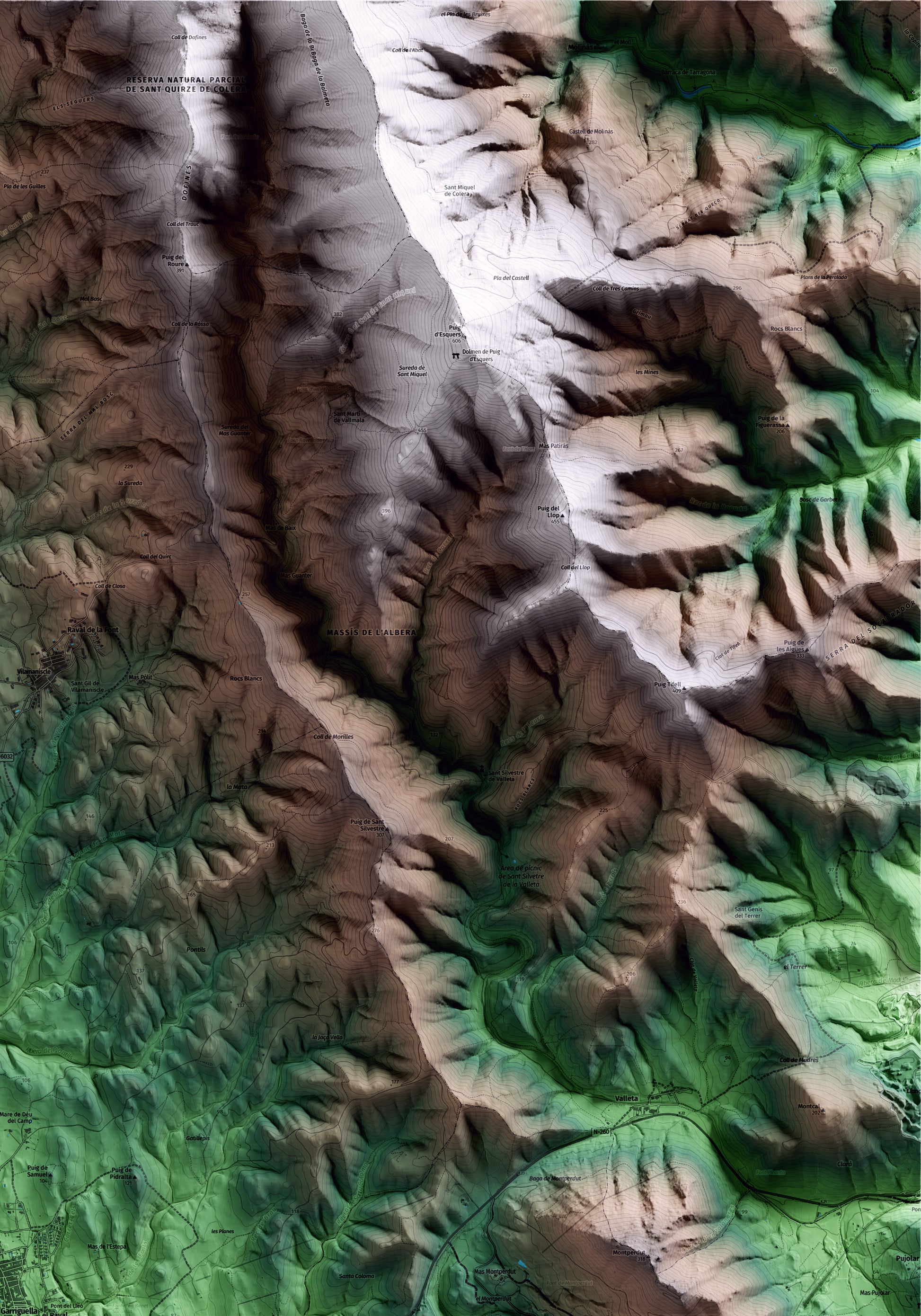 Mapa artístico del relieve de Garriguella, al Alt Empordà, con 15 km de entorno y base topográfica ICGC. Detalle de la zona superior derecha.