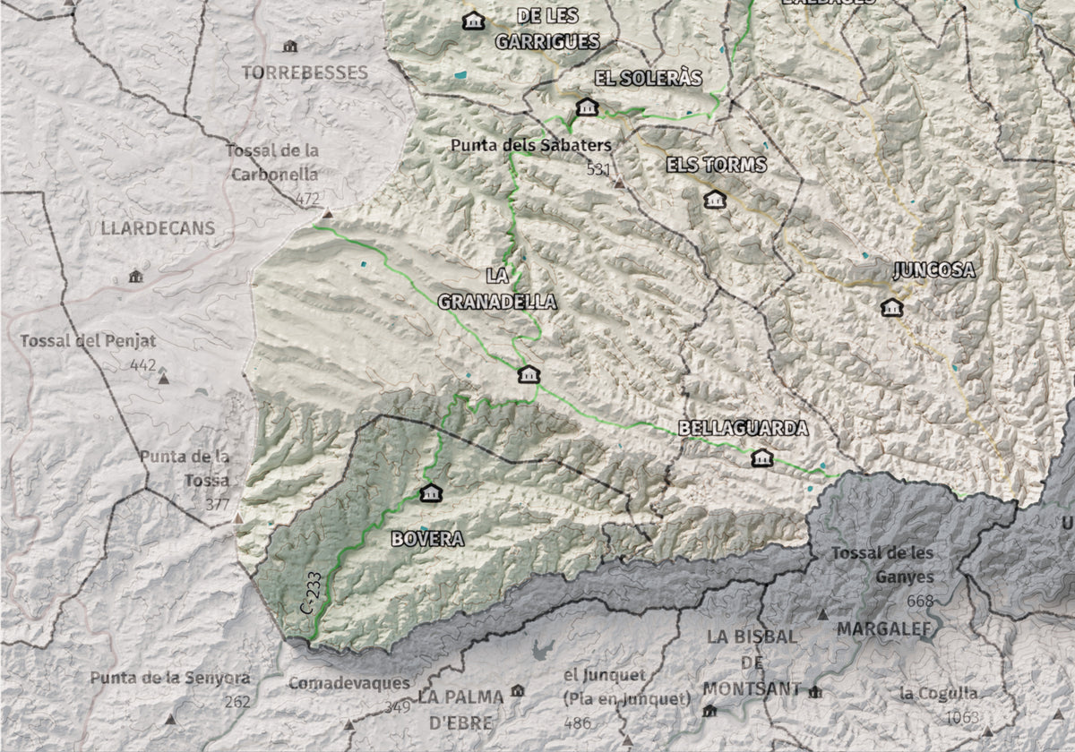 Mapa de relieve de las Garrigues, con el territorio en color y el entorno en blanco. Detalle de la zona inferior izquierda. 21 × 30 cm. Estilo Cartográfico.