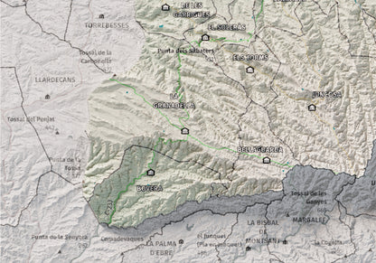 Mapa de relieve de las Garrigues, con el territorio en color y el entorno en blanco. Detalle de la zona inferior izquierda. 21 × 30 cm. Estilo Cartográfico.