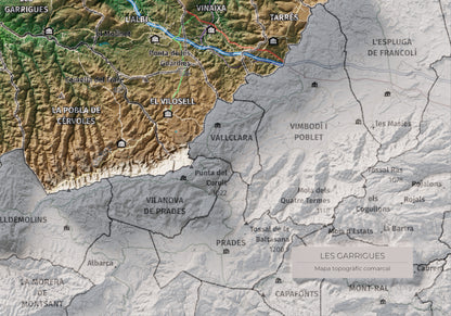 Mapa de relieve de las Garrigues, con el territorio en color y el entorno en blanco. Detalle de la zona inferior derecha. 21 × 30 cm. Estilo Clásico.