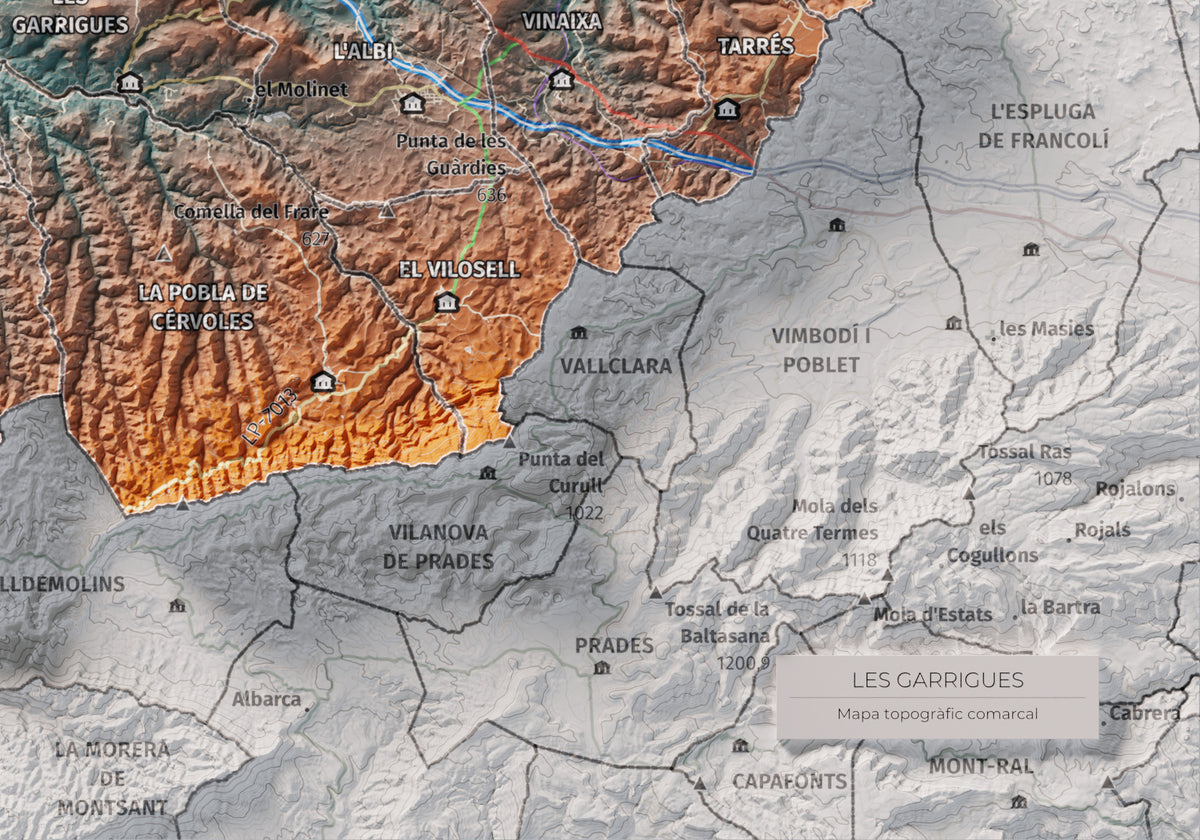 Mapa de relieve de las Garrigues, con el territorio en color y el entorno en blanco. Detalle de la zona inferior derecha. 21 × 30 cm. Estilo Azul y naranja.
