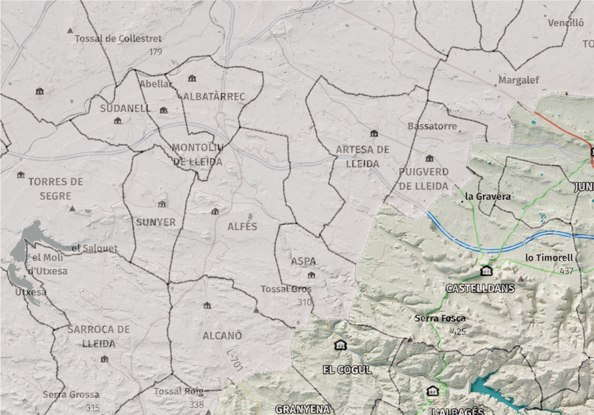 Mapa de relieve de las Garrigues, con el territorio en color y el entorno en blanco. Detalle de la zona superior izquierda. 21 × 30 cm. Estilo Cartográfico.