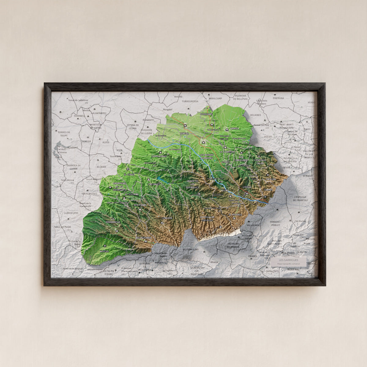 Mapa de relieve de las Garrigues, con el territorio en color y el entorno en blanco. Presentación con marco. 21 × 30 cm. Estilo Clásico.