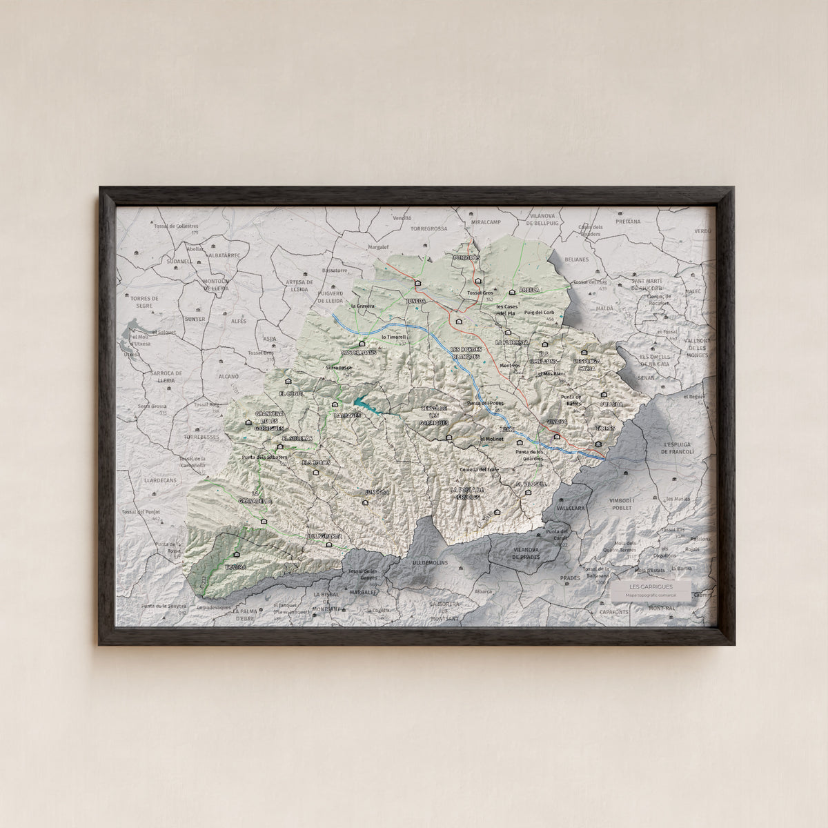 Mapa de relieve de las Garrigues, con el territorio en color y el entorno en blanco. Presentación con marco. 21 × 30 cm. Estilo Cartográfico.