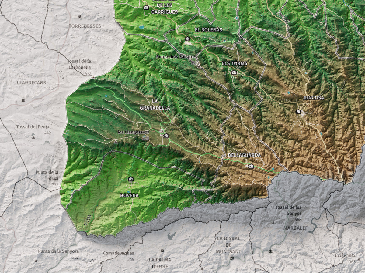 Mapa de relieve de las Garrigues, con el territorio en color y el entorno en blanco. Detalle de la zona inferior izquierda. 30 × 40 cm. Estilo Clásico.