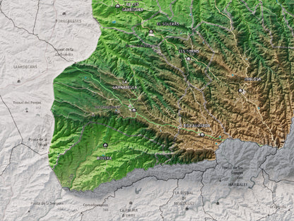 Mapa de relieve de las Garrigues, con el territorio en color y el entorno en blanco. Detalle de la zona inferior izquierda. 30 × 40 cm. Estilo Clásico.