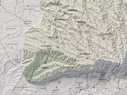 Mapa de relieve de las Garrigues, con el territorio en color y el entorno en blanco. Detalle de la zona inferior izquierda. 30 × 40 cm. Estilo Cartográfico.