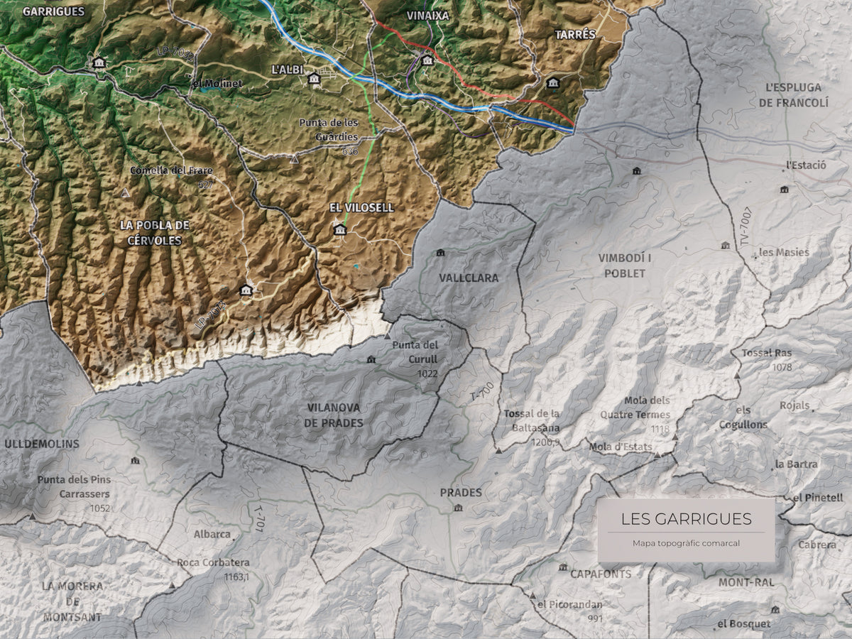 Mapa de relieve de las Garrigues, con el territorio en color y el entorno en blanco. Detalle de la zona inferior derecha. 30 × 40 cm. Estilo Clásico.