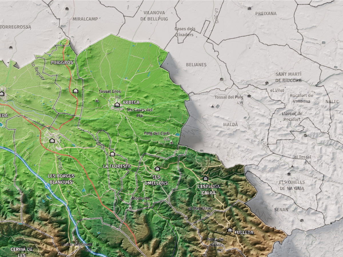 Mapa de relieve de las Garrigues, con el territorio en color y el entorno en blanco. Detalle de la zona superior derecha. 30 × 40 cm. Estilo Clásico.