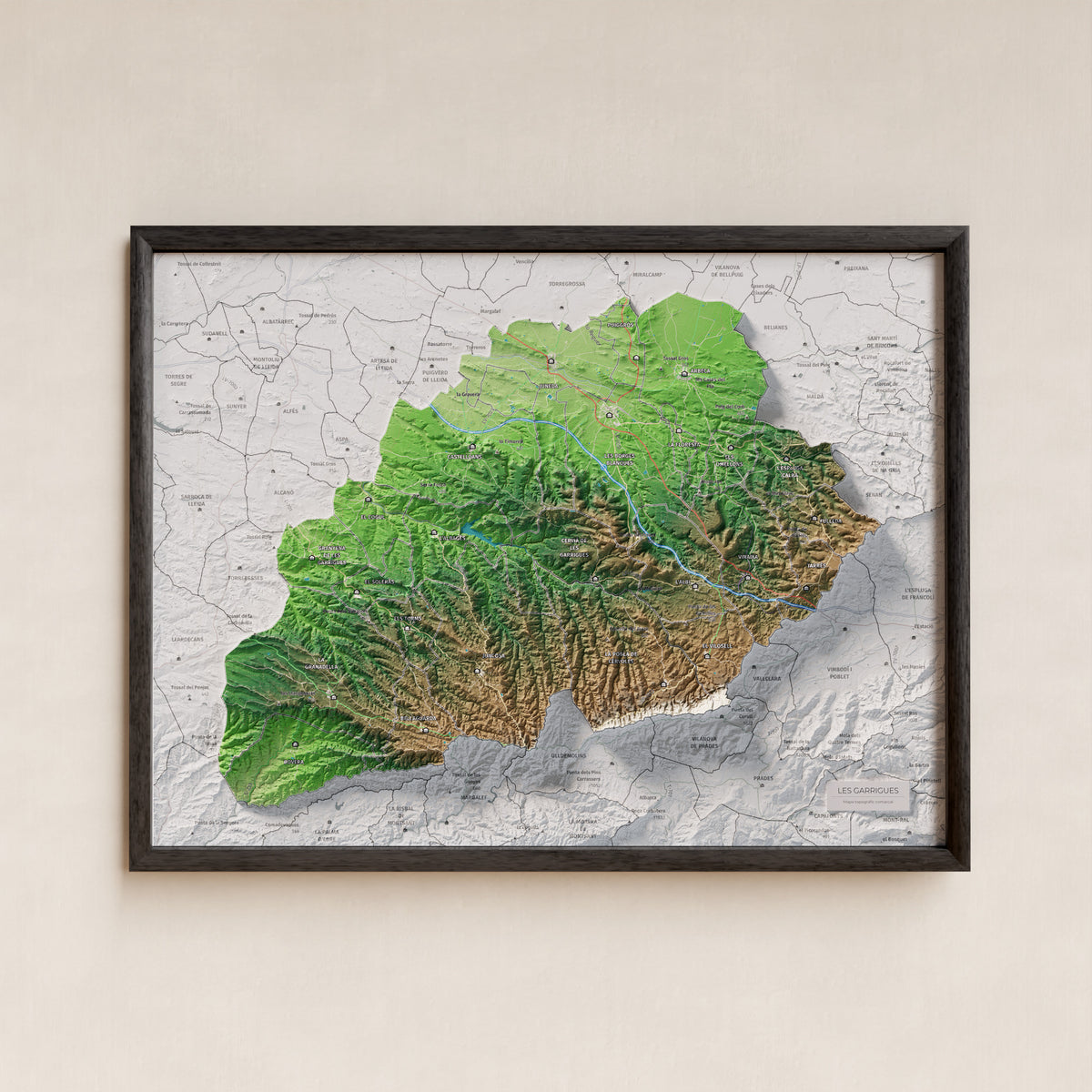 Mapa de relieve de las Garrigues, con el territorio en color y el entorno en blanco. Presentación con marco. 30 × 40 cm. Estilo Clásico.