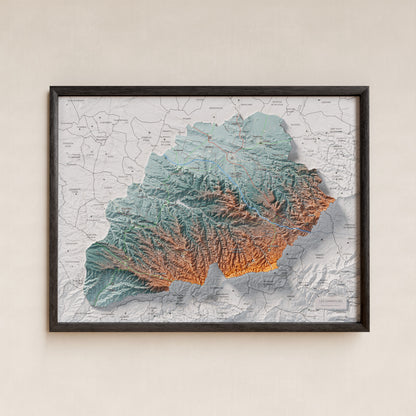 Mapa de relieve de las Garrigues, con el territorio en color y el entorno en blanco. Presentación con marco. 30 × 40 cm. Estilo Azul y naranja.