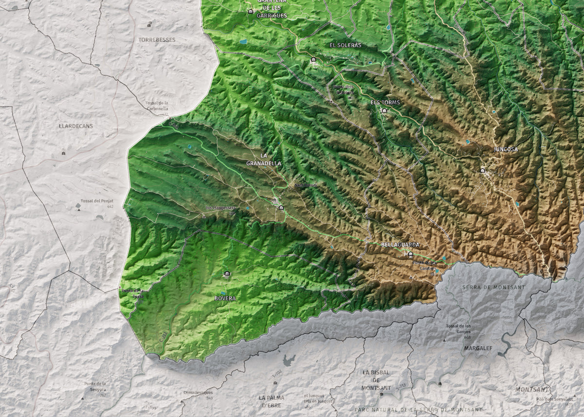 Mapa de relieve de las Garrigues, con el territorio en color y el entorno en blanco. Detalle de la zona inferior izquierda. 50 × 70 cm. Estilo Clásico.