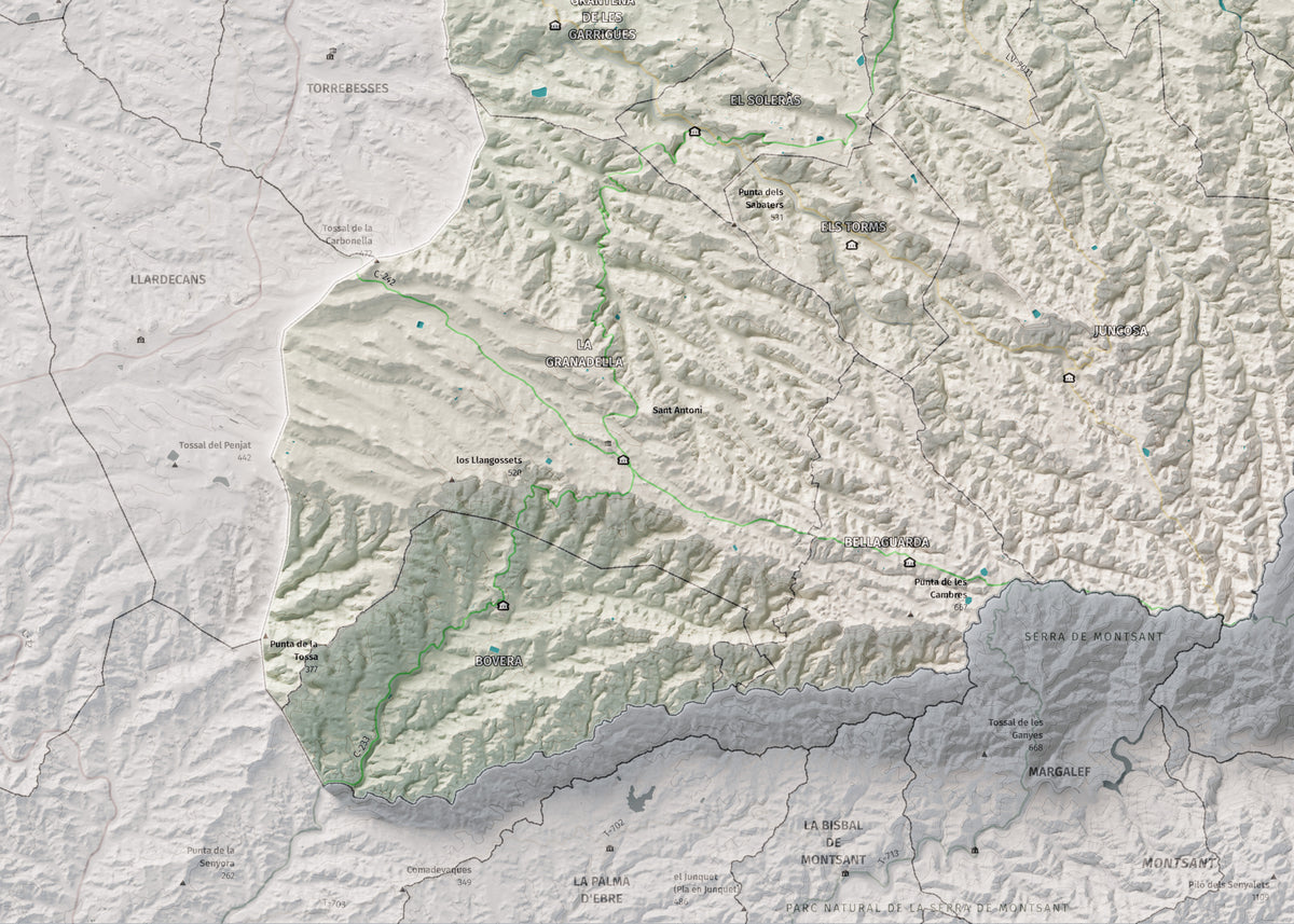 Mapa de relieve de las Garrigues, con el territorio en color y el entorno en blanco. Detalle de la zona inferior izquierda. 50 × 70 cm. Estilo Cartográfico.