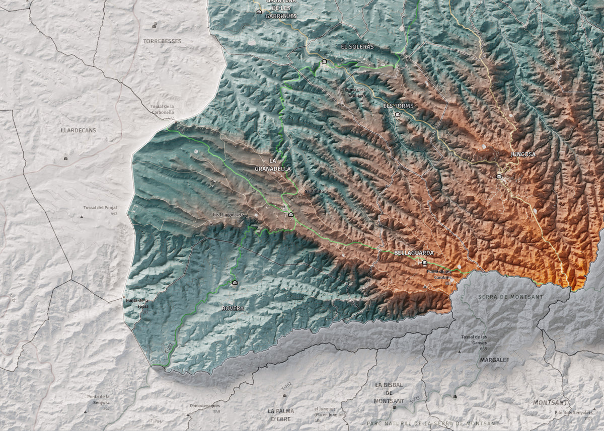 Mapa de relieve de las Garrigues, con el territorio en color y el entorno en blanco. Detalle de la zona inferior izquierda. 50 × 70 cm. Estilo Azul y naranja.