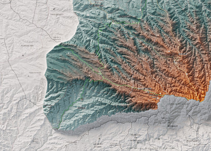 Mapa de relieve de las Garrigues, con el territorio en color y el entorno en blanco. Detalle de la zona inferior izquierda. 50 × 70 cm. Estilo Azul y naranja.
