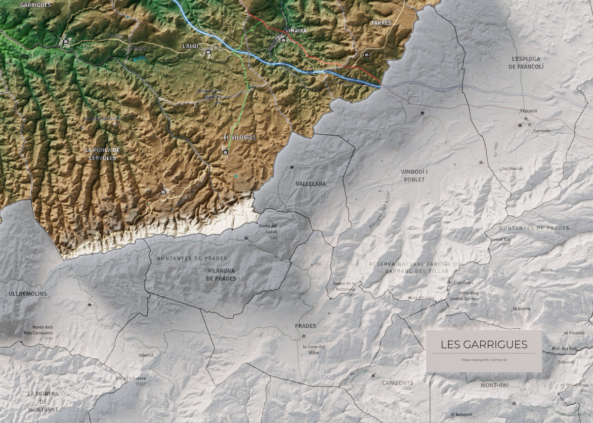 Mapa de relieve de las Garrigues, con el territorio en color y el entorno en blanco. Detalle de la zona inferior derecha. 50 × 70 cm. Estilo Clásico.