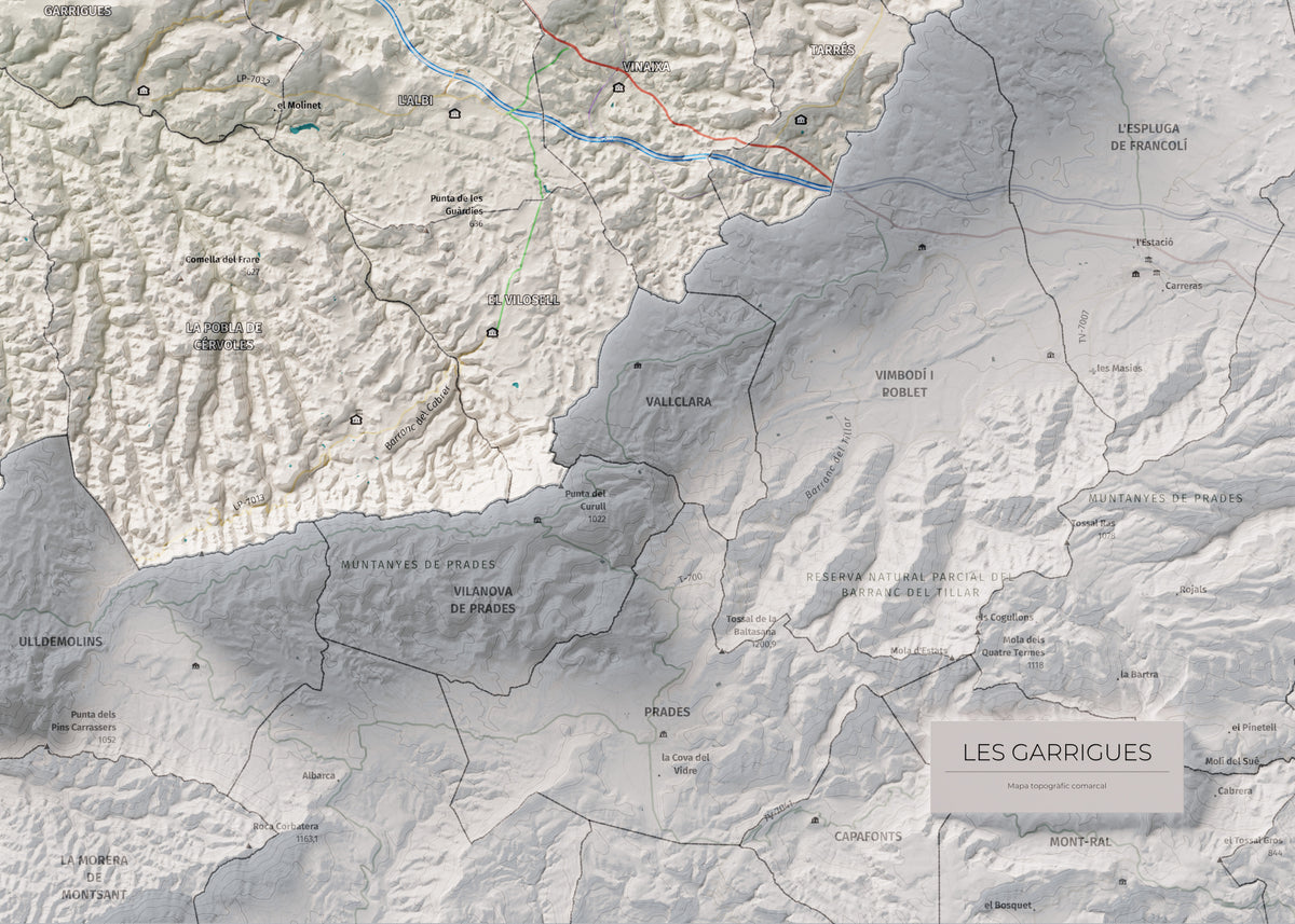 Mapa de relieve de las Garrigues, con el territorio en color y el entorno en blanco. Detalle de la zona inferior derecha. 50 × 70 cm. Estilo Cartográfico.