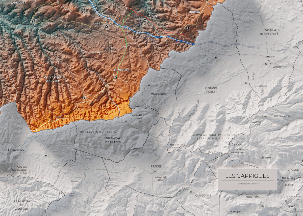 Mapa de relieve de las Garrigues, con el territorio en color y el entorno en blanco. Detalle de la zona inferior derecha. 50 × 70 cm. Estilo Azul y naranja.