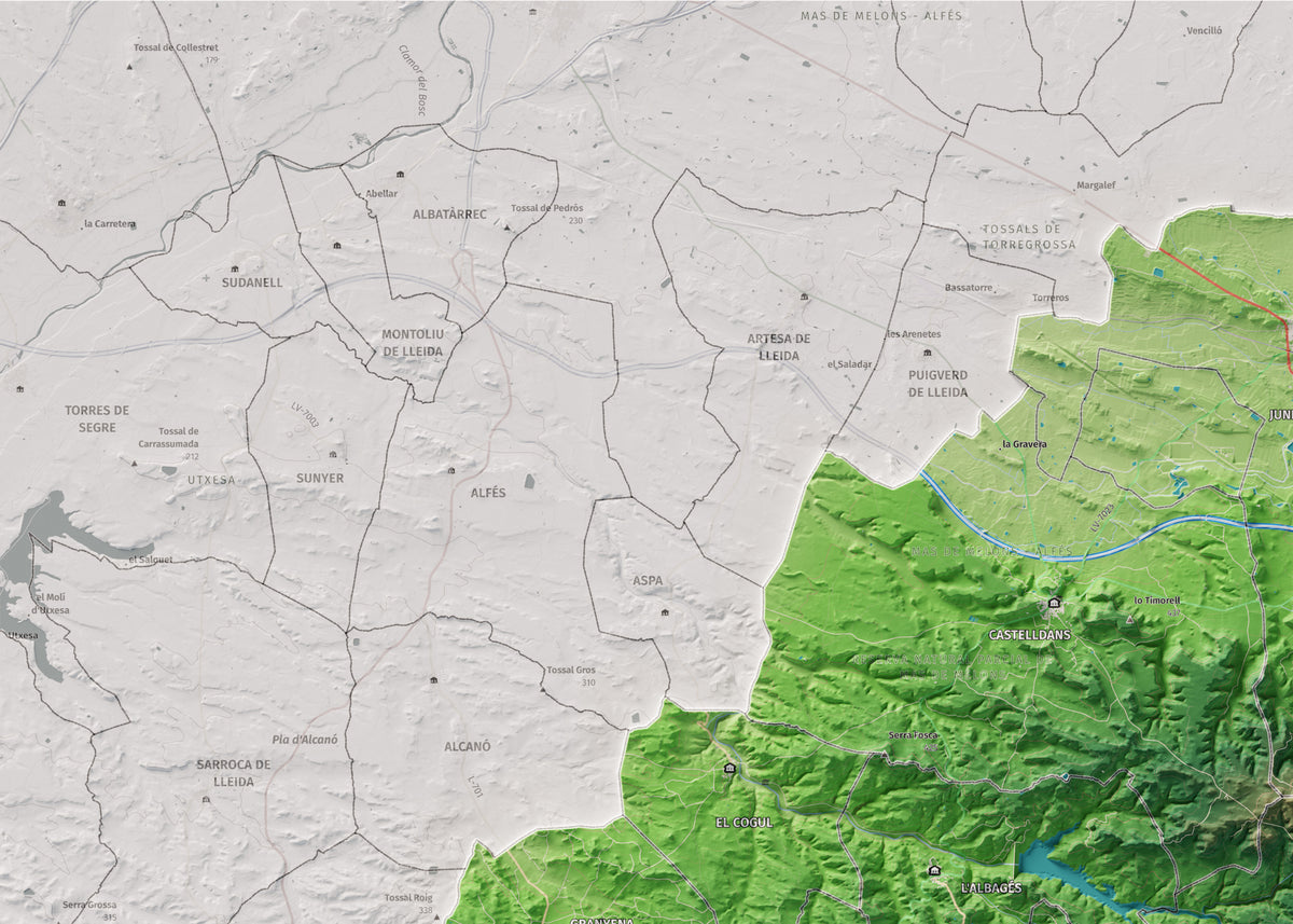 Mapa de relieve de las Garrigues, con el territorio en color y el entorno en blanco. Detalle de la zona superior izquierda. 50 × 70 cm. Estilo Clásico.