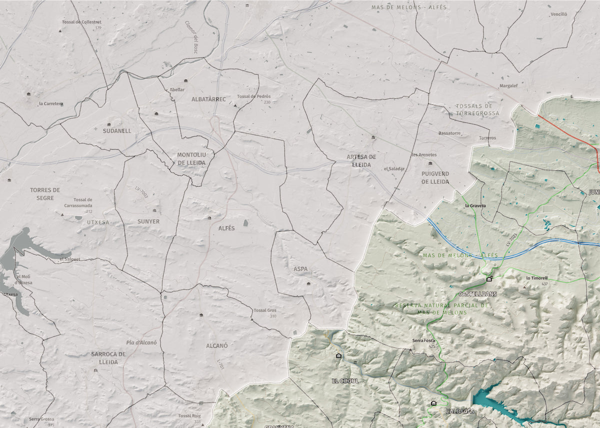 Mapa de relieve de las Garrigues, con el territorio en color y el entorno en blanco. Detalle de la zona superior izquierda. 50 × 70 cm. Estilo Cartográfico.