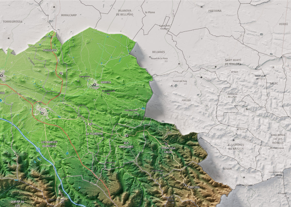 Mapa de relieve de las Garrigues, con el territorio en color y el entorno en blanco. Detalle de la zona superior derecha. 50 × 70 cm. Estilo Clásico.