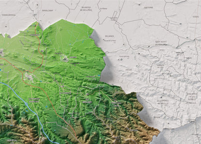Mapa de relieve de las Garrigues, con el territorio en color y el entorno en blanco. Detalle de la zona superior derecha. 50 × 70 cm. Estilo Clásico.