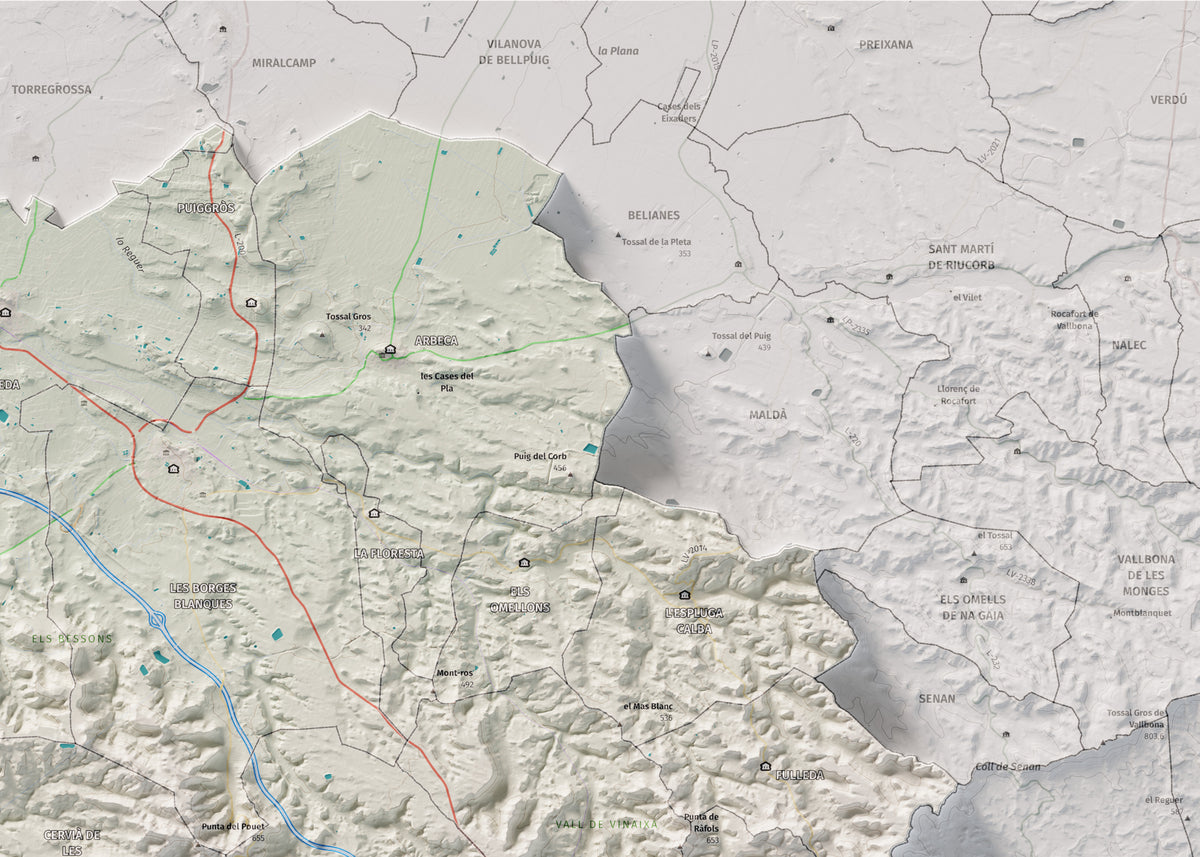 Mapa de relieve de las Garrigues, con el territorio en color y el entorno en blanco. Detalle de la zona superior derecha. 50 × 70 cm. Estilo Cartográfico.