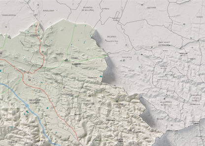 Mapa de relieve de las Garrigues, con el territorio en color y el entorno en blanco. Detalle de la zona superior derecha. 50 × 70 cm. Estilo Cartográfico.