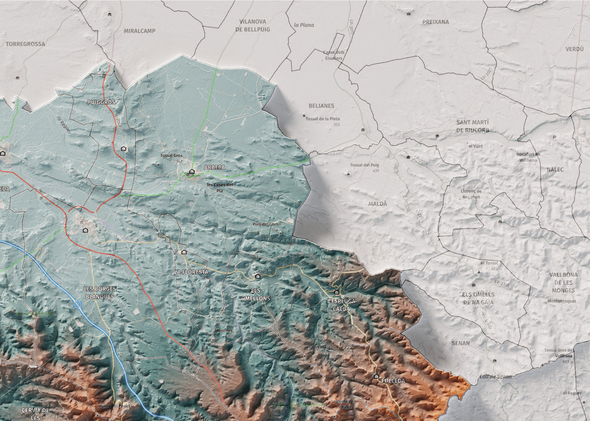 Mapa de relieve de las Garrigues, con el territorio en color y el entorno en blanco. Detalle de la zona superior derecha. 50 × 70 cm. Estilo Azul y naranja.