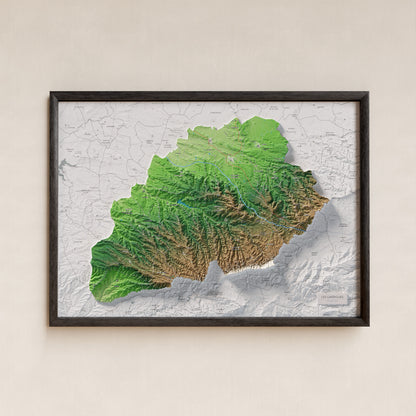 Mapa de relieve de las Garrigues, con el territorio en color y el entorno en blanco. Presentación con marco. 50 × 70 cm. Estilo Clásico.