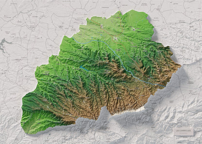 Mapa de relieve de las Garrigues, con el territorio en color y el entorno en blanco. Vista completa de la lámina. 50 × 70 cm. Estilo Clásico.