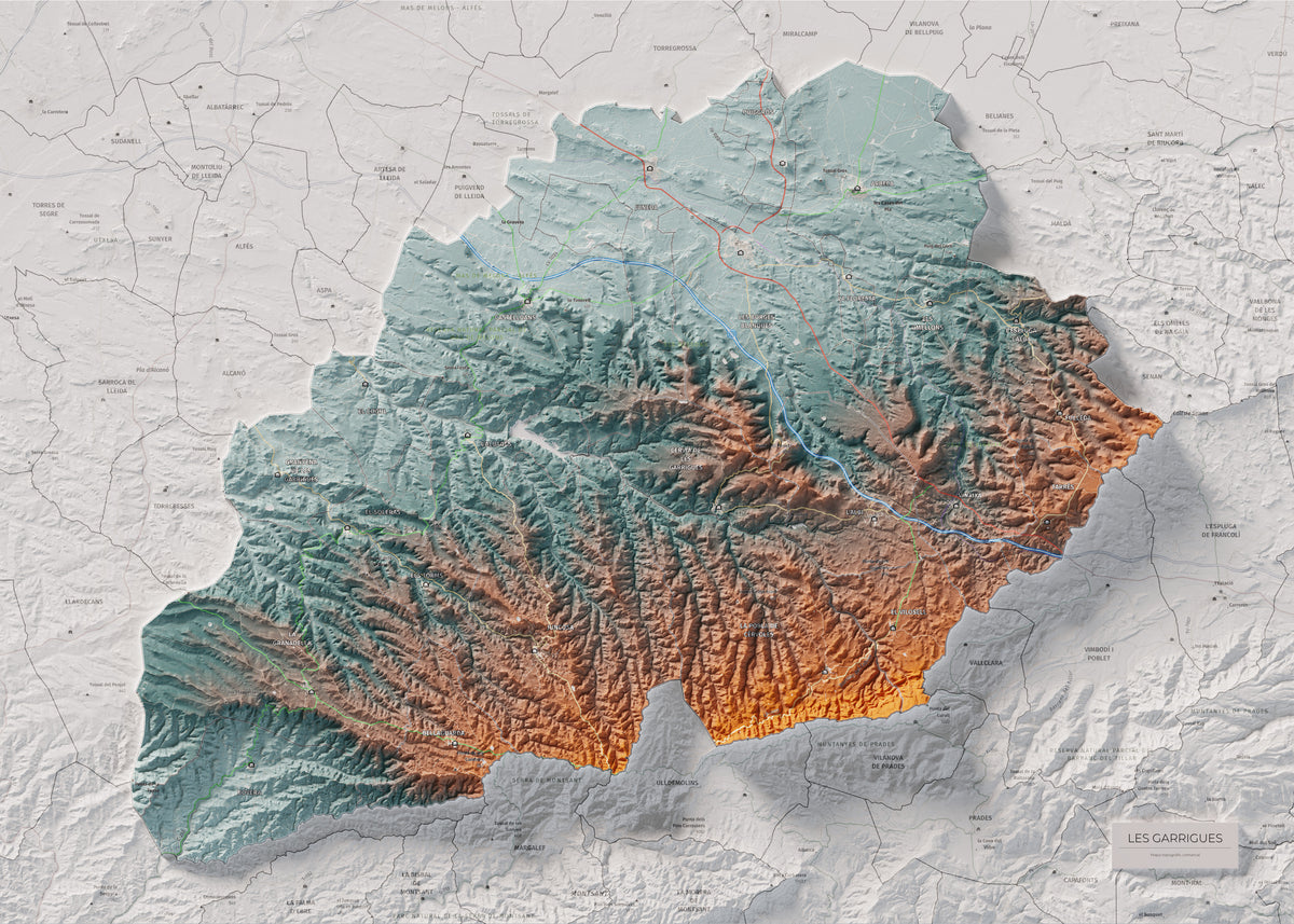 Mapa de relieve de las Garrigues, con el territorio en color y el entorno en blanco. Vista completa de la lámina. 50 × 70 cm. Estilo Azul y naranja.