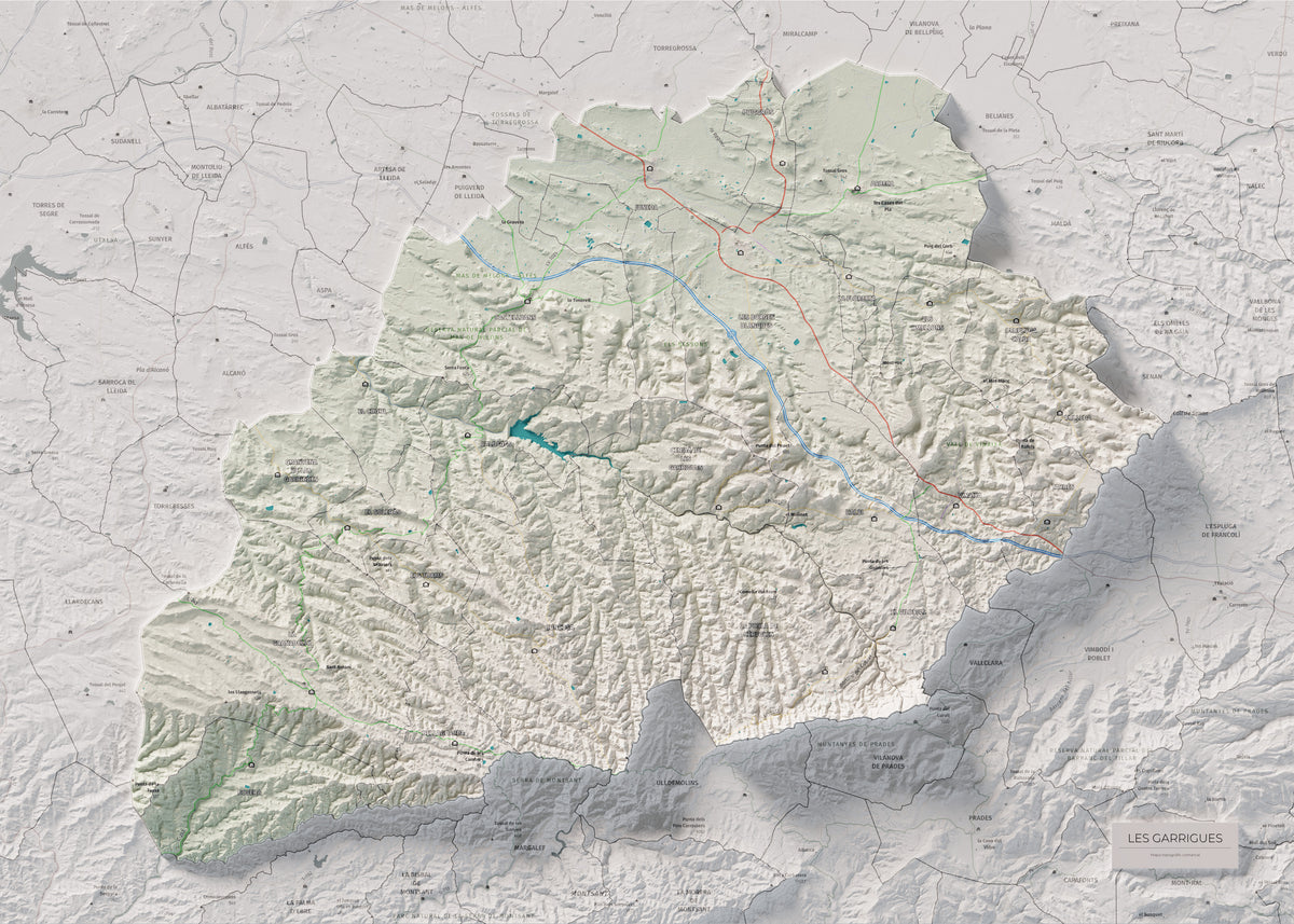 Mapa de relieve de las Garrigues, con el territorio en color y el entorno en blanco. Vista completa de la lámina. 50 × 70 cm. Estilo Cartográfico.