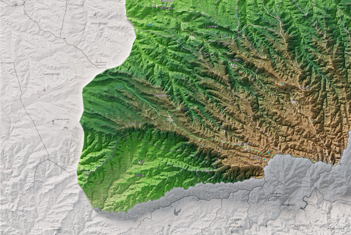 Mapa de relieve de las Garrigues, con el territorio en color y el entorno en blanco. Detalle de la zona inferior izquierda. 61 × 91 cm. Estilo Clásico.