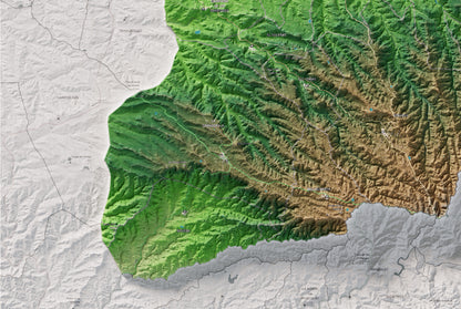 Mapa de relieve de las Garrigues, con el territorio en color y el entorno en blanco. Detalle de la zona inferior izquierda. 61 × 91 cm. Estilo Clásico.