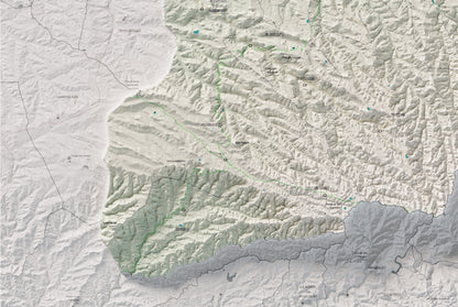 Mapa de relieve de las Garrigues, con el territorio en color y el entorno en blanco. Detalle de la zona inferior izquierda. 61 × 91 cm. Estilo Cartográfico.