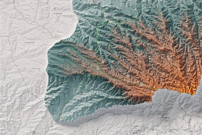 Mapa de relieve de las Garrigues, con el territorio en color y el entorno en blanco. Detalle de la zona inferior izquierda. 61 × 91 cm. Estilo Azul y naranja.
