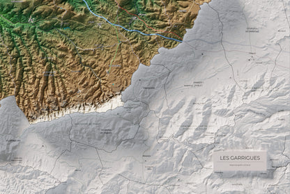 Mapa de relieve de las Garrigues, con el territorio en color y el entorno en blanco. Detalle de la zona inferior derecha. 61 × 91 cm. Estilo Clásico.