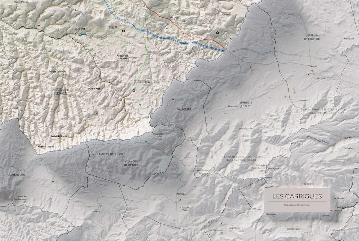 Mapa de relieve de las Garrigues, con el territorio en color y el entorno en blanco. Detalle de la zona inferior derecha. 61 × 91 cm. Estilo Cartográfico.