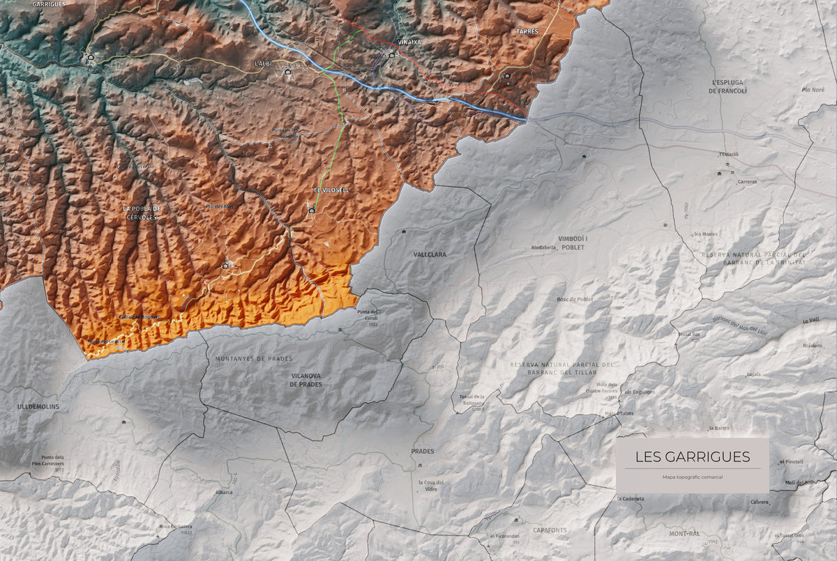 Mapa de relieve de las Garrigues, con el territorio en color y el entorno en blanco. Detalle de la zona inferior derecha. 61 × 91 cm. Estilo Azul y naranja.