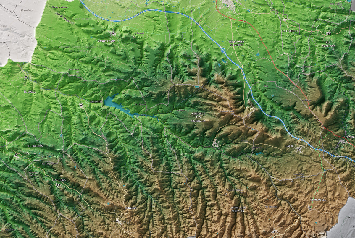 Mapa de relieve de las Garrigues, con el territorio en color y el entorno en blanco. Detalle de la zona central. 61 × 91 cm. Estilo Clásico.